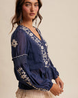 Embroidered Peplum Blouse LT1433: Navy