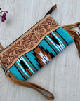 Turq Saddle Blanket Tassel Clutch with Tooled Leather: Brown