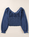 Ruffled Puff Sleeve V Neck Denim Blouse: Dark Blue