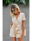 Stretch Belted Plunge Neck Wrap Knot Side Romper: BEIGE