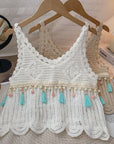 Vintage Fringe Hollow-Out Sleeveless Knit Vest: WHITE / AVERAGE