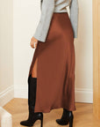 Satin Slit Maxi Skirt: Dark Brown