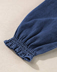 Ruffled Puff Sleeve V Neck Denim Blouse: Dark Blue