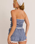 LACE TRIM SMOCKED TUBE TOP WITH SMOCKED SHORTS
: NAVY GINGHAM / L