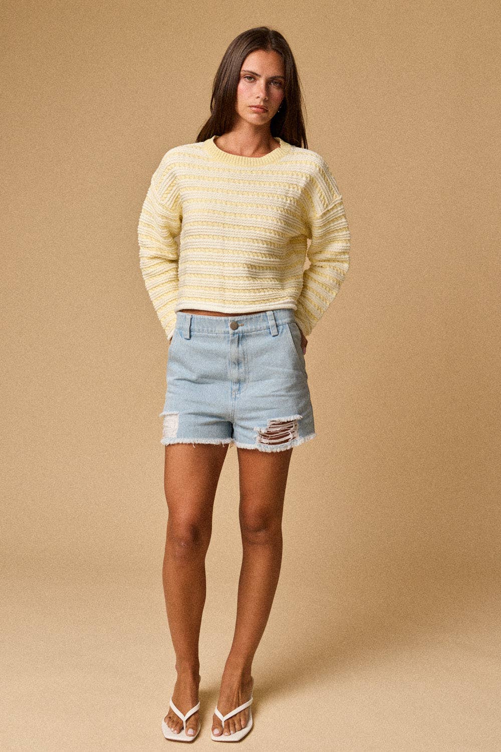 PT19289 - Textured Stripe Cropped Knit Top: YELLOW /