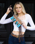 Turq Saddle Blanket Tassel Clutch with Tooled Leather: Brown
