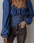 Ruffled Puff Sleeve V Neck Denim Blouse: Dark Blue