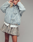 Oversized Quilted Denim Tie-Front Jacket: LT DENIM