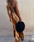 Ethnic Print Slip Midi Dress: Brown