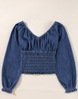 Ruffled Puff Sleeve V Neck Denim Blouse: Dark Blue
