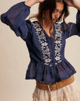 Embroidered Peplum Blouse LT1433: Navy