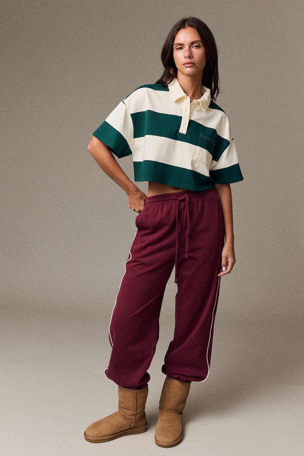 Cropped Rugby Stripe Polo Top : IVORY/HUNTER