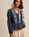 Embroidered Peplum Blouse LT1433: Navy