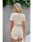 Stretch Belted Plunge Neck Wrap Knot Side Romper: BEIGE
