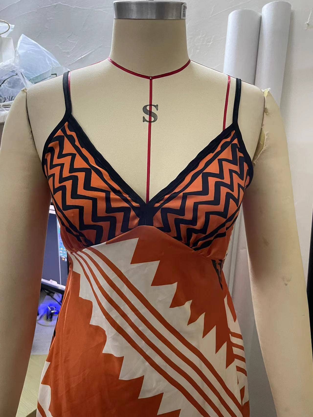 Ethnic Print Slip Midi Dress: Brown