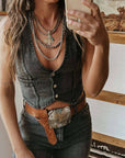 Hottie Sleeveless Single-Breasted V-Neck Denim Tank Top: Black