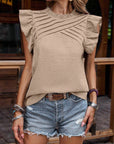 Casual Ruffled Pleated Plain Top: Apricot