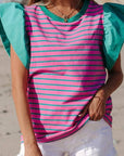 Striped Ruffled Sleeve Crew Neck Blouse