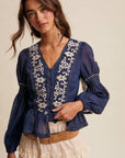 Embroidered Peplum Blouse LT1433: Navy