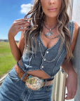 Sleeveless V-Neck Denim Tank: DarkBlue