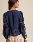Embroidered Peplum Blouse LT1433: Navy