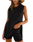 Casual Knitted Sleeveless Shorts Sweater Pants Set: Navy blue