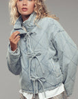Oversized Quilted Denim Tie-Front Jacket: LT DENIM