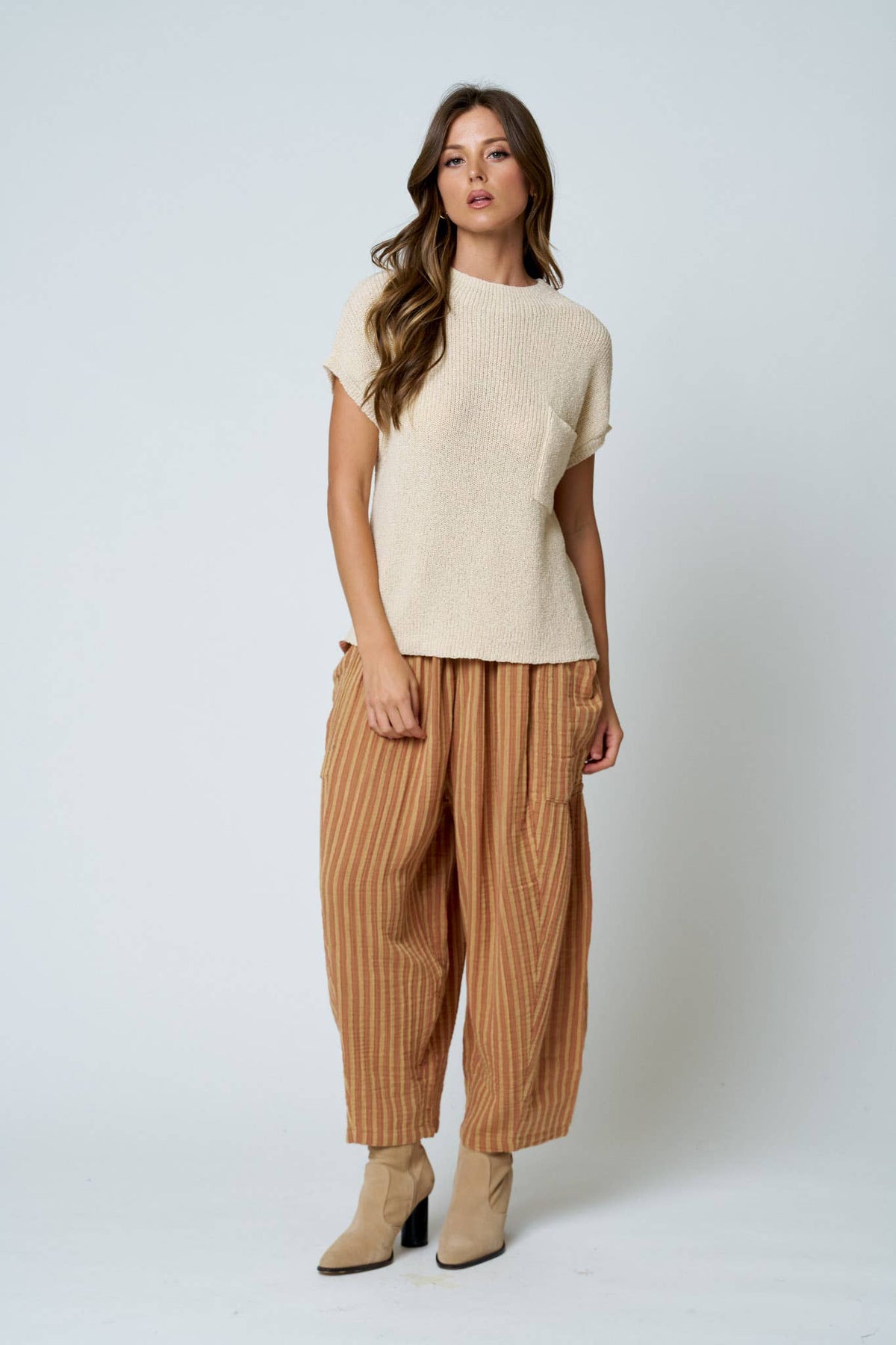 POCKET DETAIL DROP SHOULDER SHORT SLEEVE SWEATER : OATMEAL