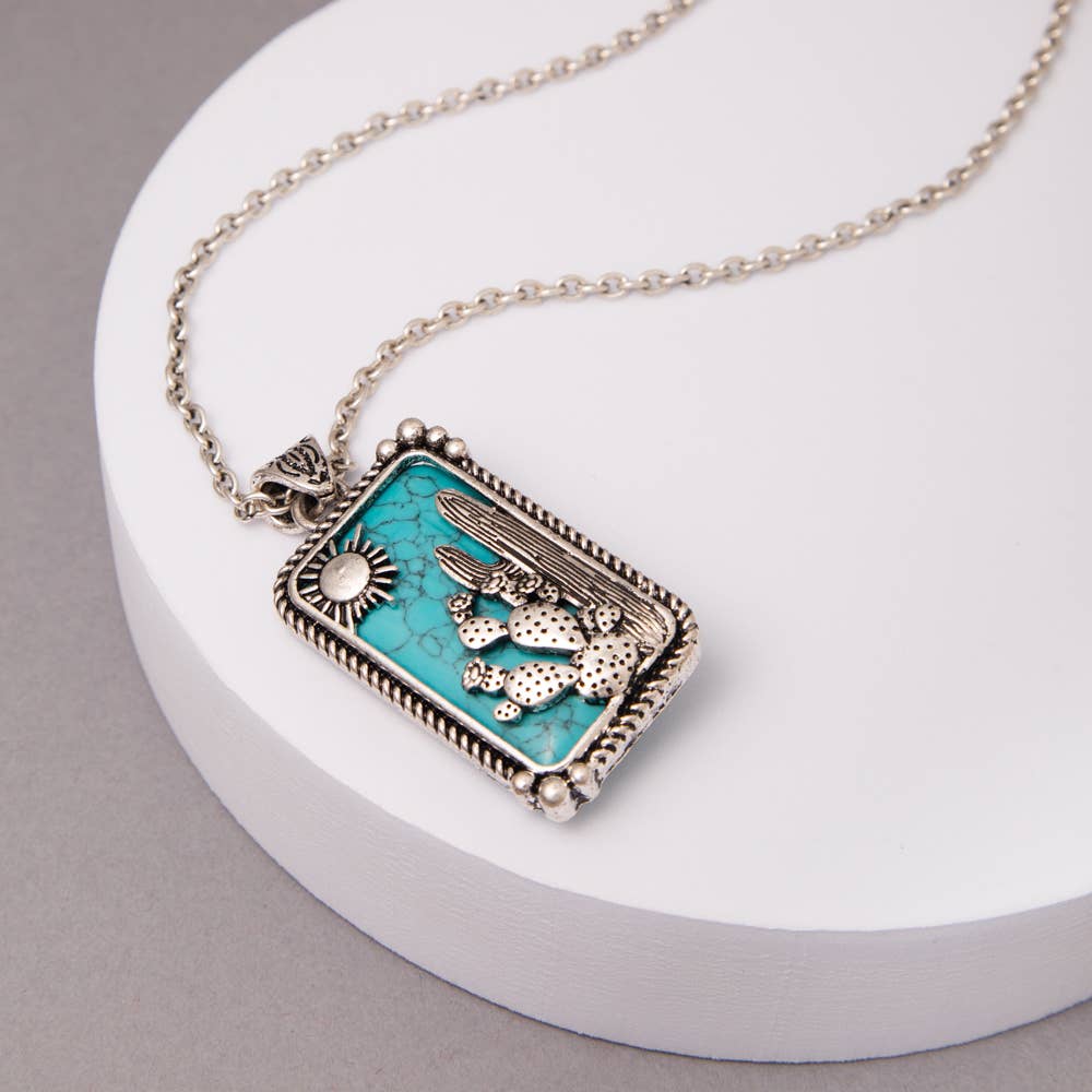 Western Faux Turquoise Desert Cactus Bar Pendant Necklace