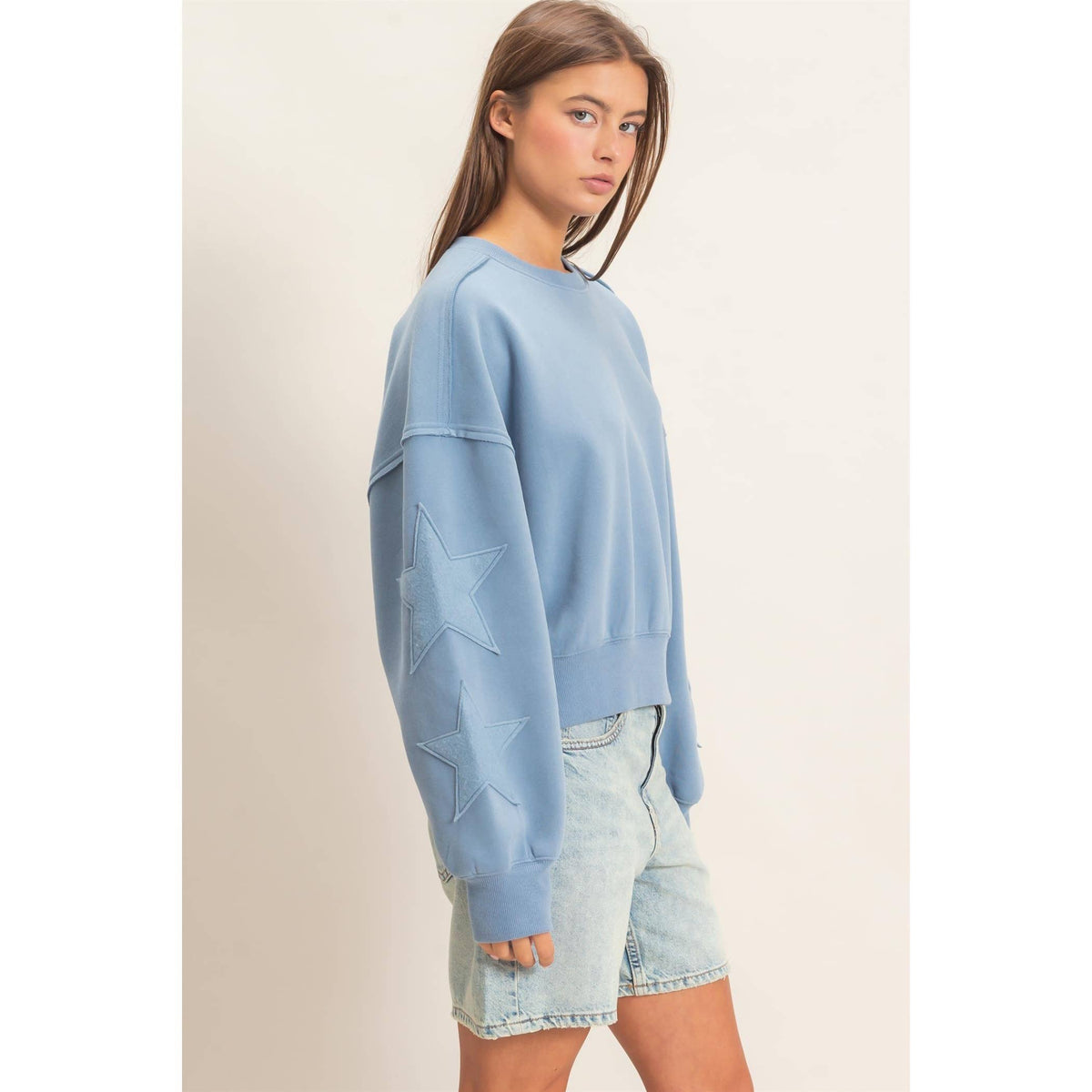 Star Patch Sleeve Sweatshirt: DUSTY BLUE