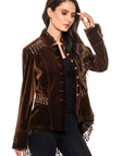BROWN VELVET JACKET WITH LACE AND GROMENT TRIMMING