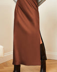 Satin Slit Maxi Skirt: Dark Brown