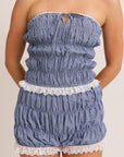 LACE TRIM SMOCKED TUBE TOP WITH SMOCKED SHORTS
: NAVY GINGHAM / L