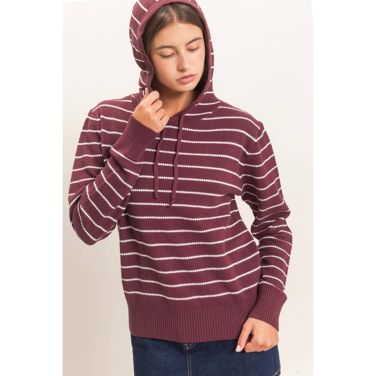 Striped Hooded Sweater: DARK CHERRY