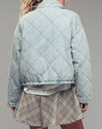 Oversized Quilted Denim Tie-Front Jacket: LT DENIM
