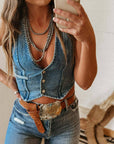 Sleeveless V-Neck Denim Tank: DarkBlue