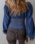 Ruffled Puff Sleeve V Neck Denim Blouse: Dark Blue