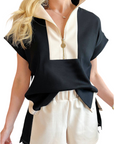 Black Contrast Zipped Stand Collared T Shirt and Short Set: Black