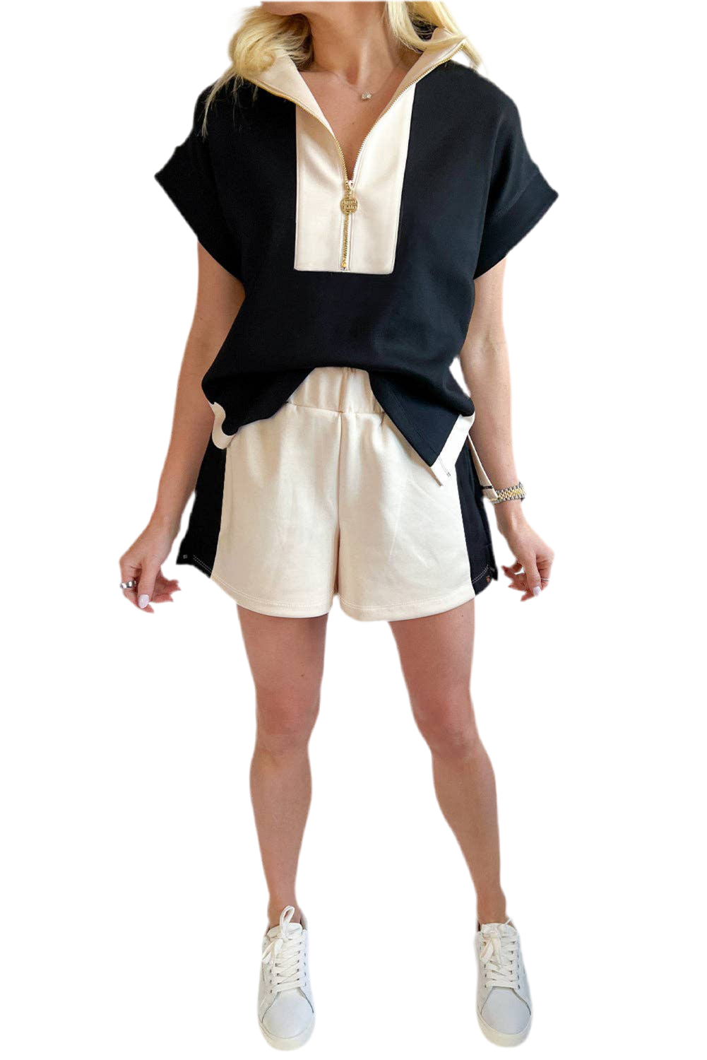 Black Contrast Zipped Stand Collared T Shirt and Short Set: Black