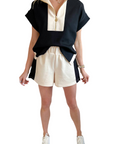 Black Contrast Zipped Stand Collared T Shirt and Short Set: Black