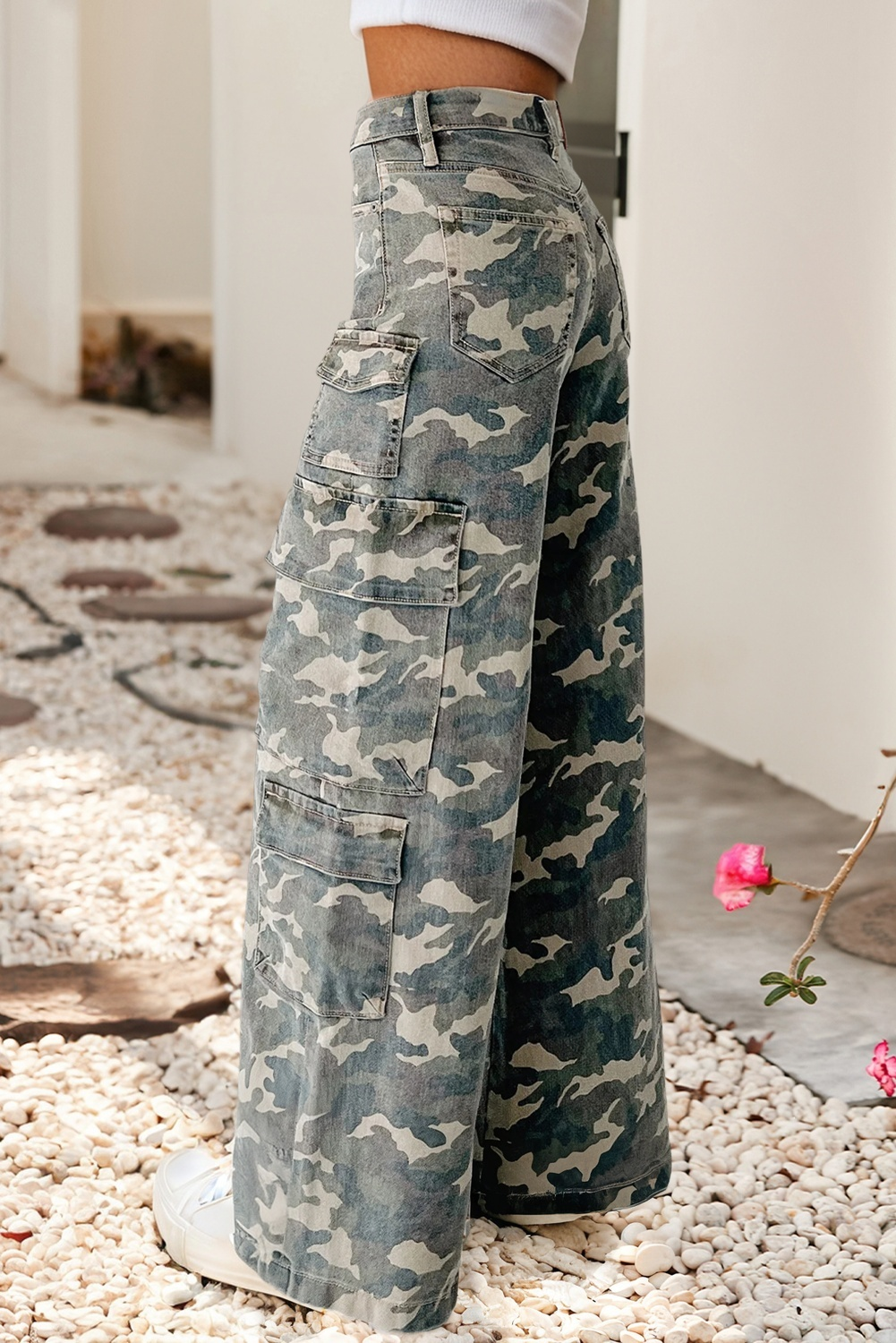 Camo Denim Cargo Wide Leg Pants