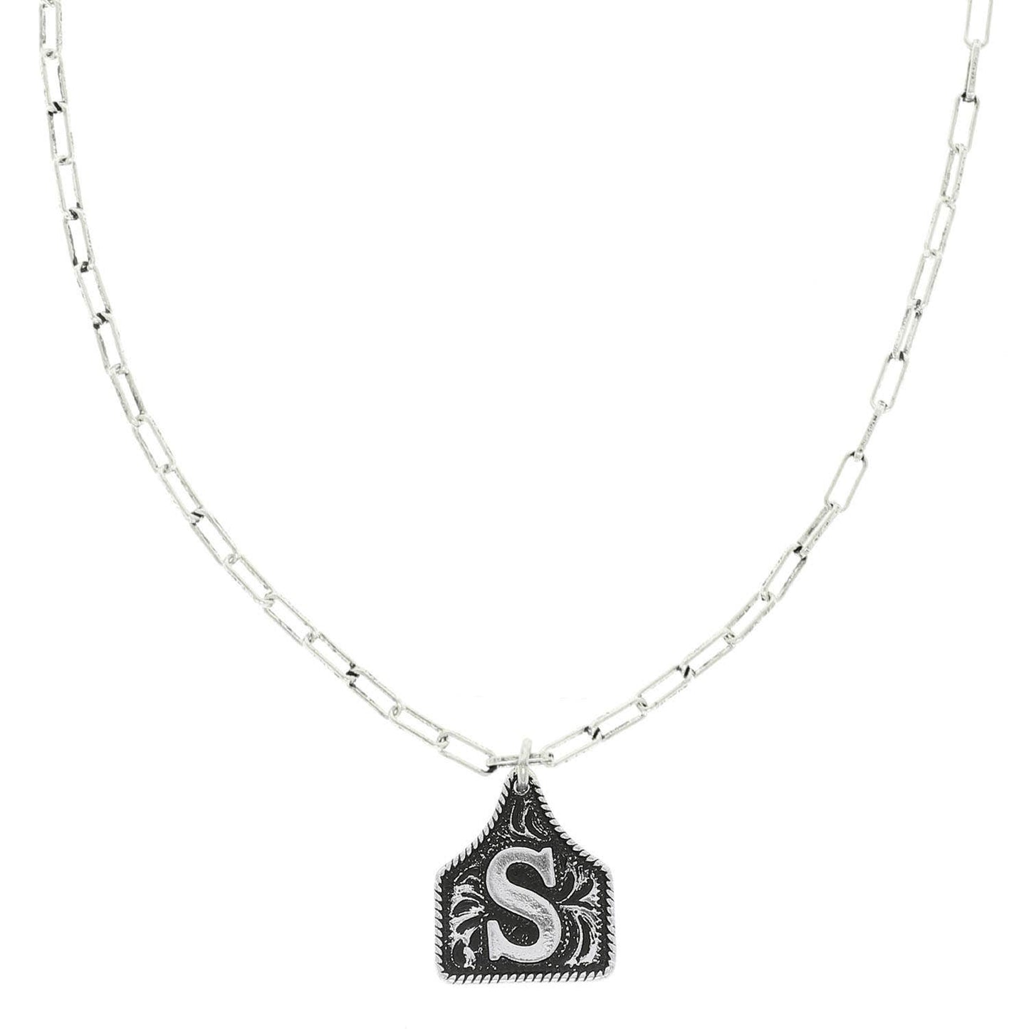 Western Letter Initial Etched Cattle Tag Pendant Necklace