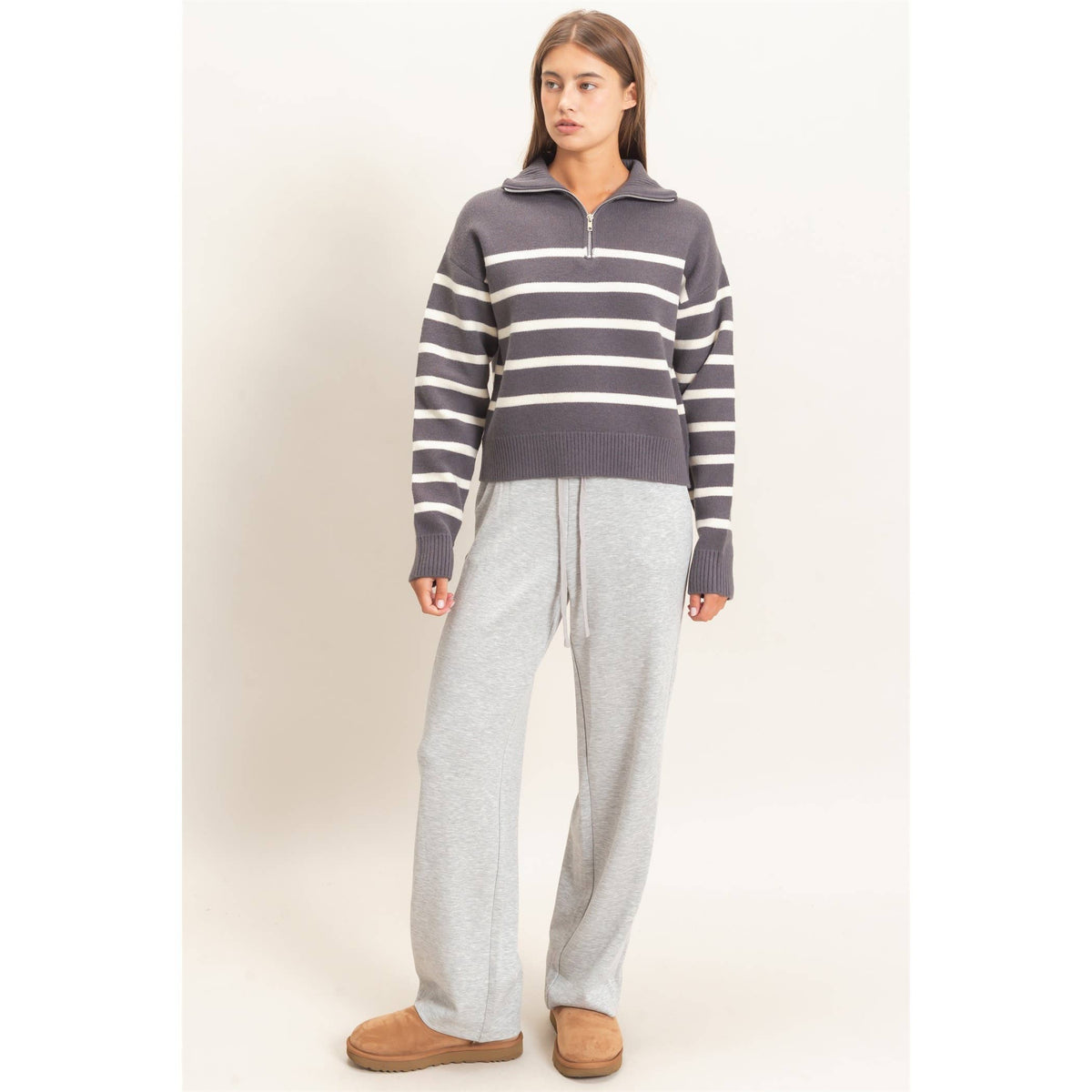 Half-Zip Collared Stripe Sweater: CHARCOAL