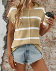 Striped Crewneck Sweater Thick Knit Casual Blouse: White