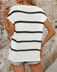 Striped Crewneck Sweater Thick Knit Casual Blouse: White