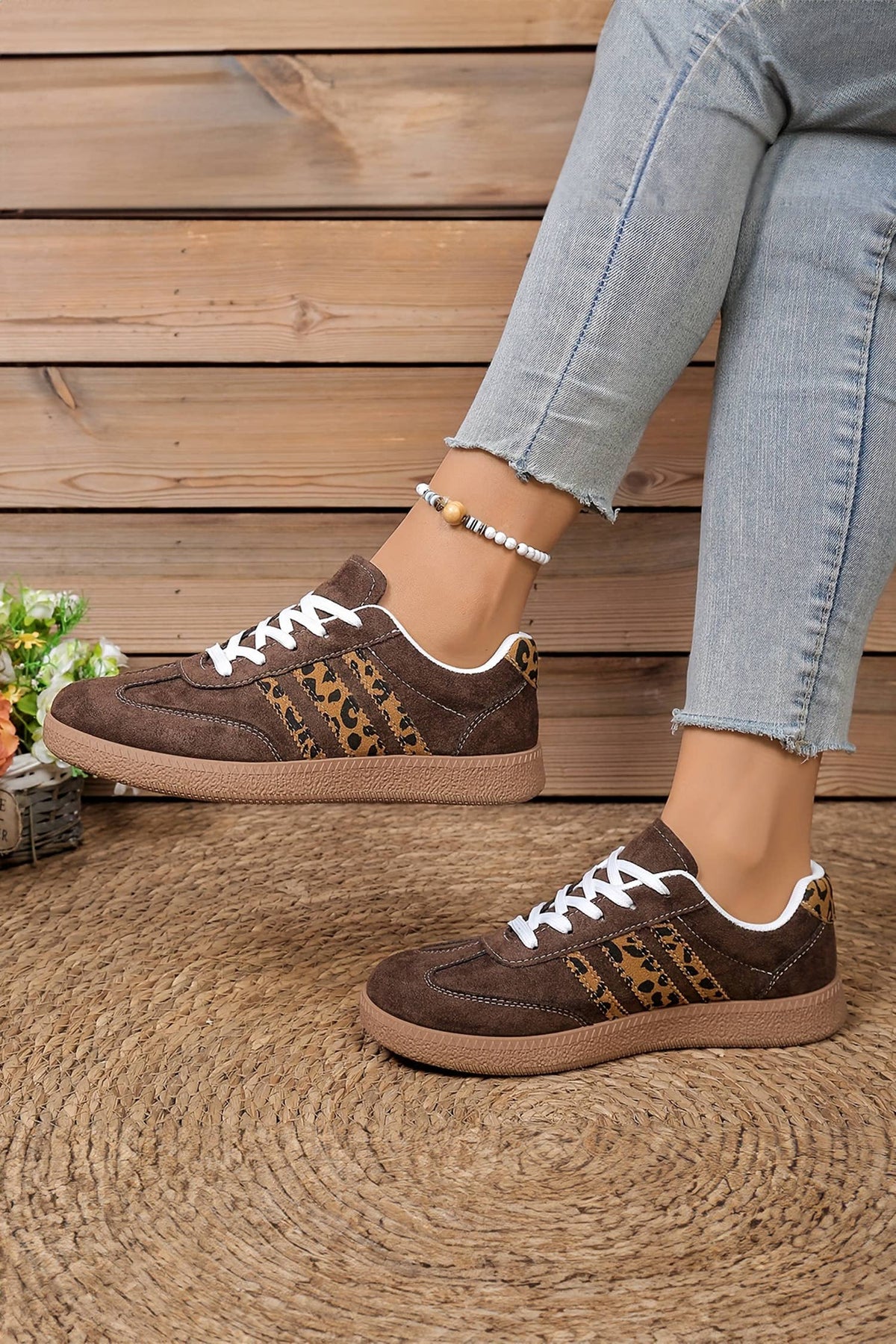 Leopard Patchwork Detail Faux Suede Shoes | Coffee
