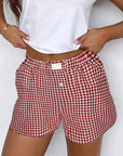 Red Plaid Gingham Printed High Waist Shorts: Red Stripe