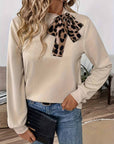 Leopard Striped Lace Up Round Neck Loose Top: Beige