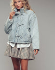 Oversized Quilted Denim Tie-Front Jacket: LT DENIM