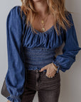 Ruffled Puff Sleeve V Neck Denim Blouse: Dark Blue